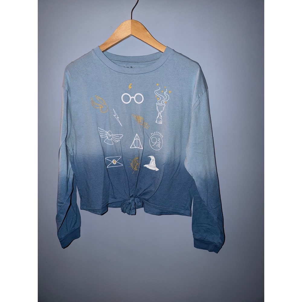 Harry Potter Womens XL Blue Ombre Long Sleeve Tie Front Graphic Tee Shirt